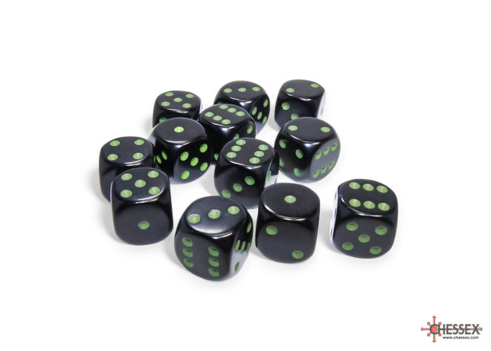 Opaque 16mm d6 Black/green Dice Block (12 dice)