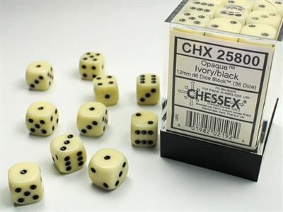 Opaque Ivory/Black 12mm D6 Dice Block (36)