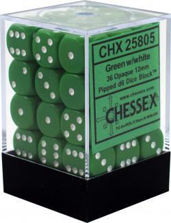Opaque: Green/White 12mm D6 Dice (36)