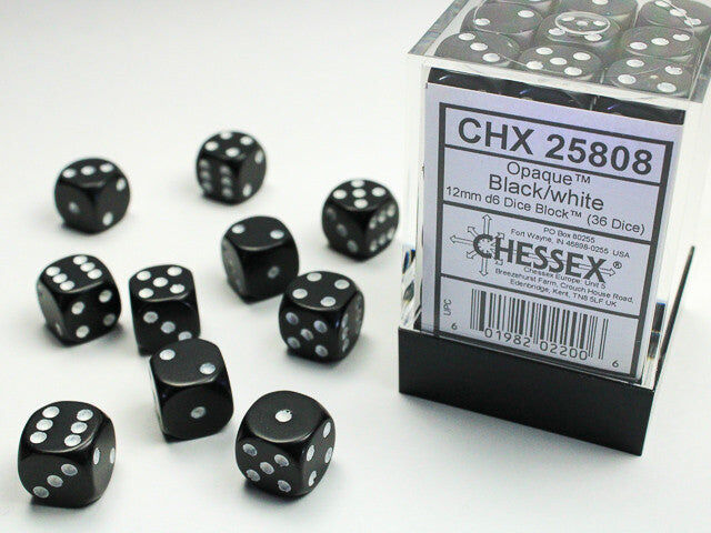 Opaque: Black/White 12mm D6 Dice (36)