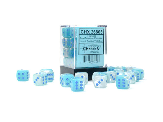 Gemini 12mm d6 Pearl Turquoise-White/blue Luminary Dice Block (36 Dice)