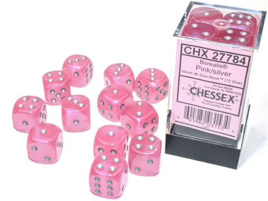 Borealis Pink/Silver 16mm D6 Dice Set (12)