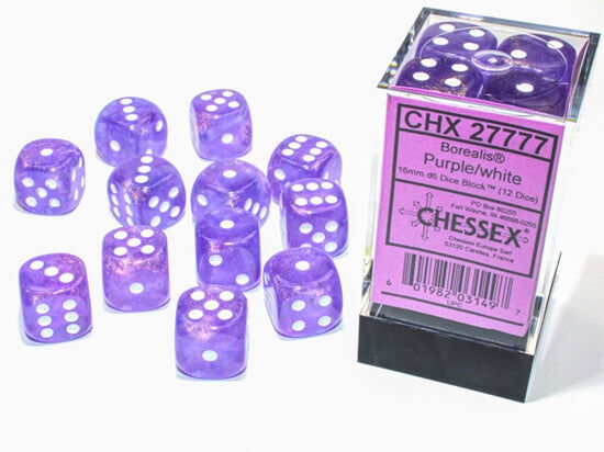 Borealis Purple/White Luminary 16mm d6 Dice Block (12)