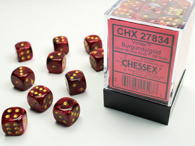 Vortex: 12mm D6 Burgundy/Gold Dice Set (36)