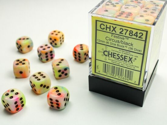 Festive 12mm d6 Circus/black Dice Block (36 dice)