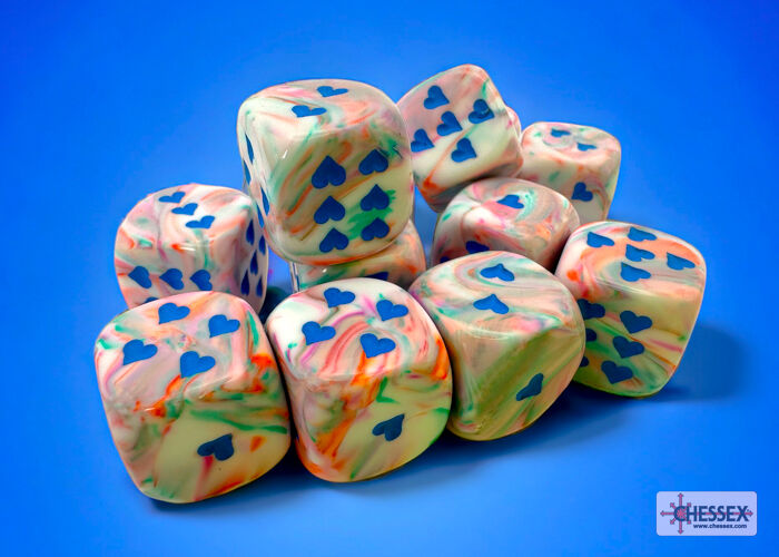 Heart 16mm d6 Festive Pop Art/blue w/pips Dice Block (12 Dice)