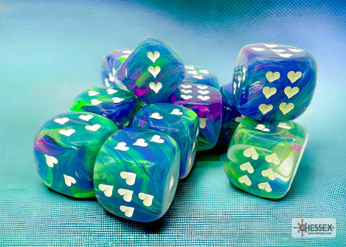 Heart 16mm d6 Festive Waterlily/white w/pips Dice Block (12 Dice)