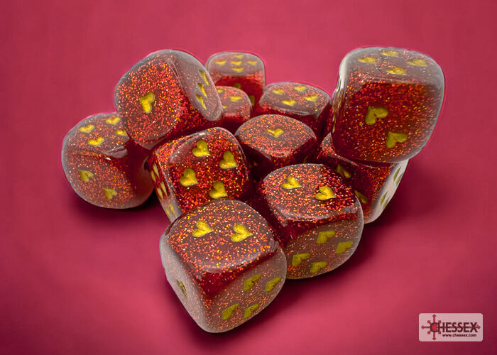 Heart Glitter Ruby red/gold 16mm d6 w/pips Dice Block (12 dice)