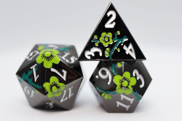 Metallic Bouquet: Black with Green Orchids - Metal RPG Dice Set