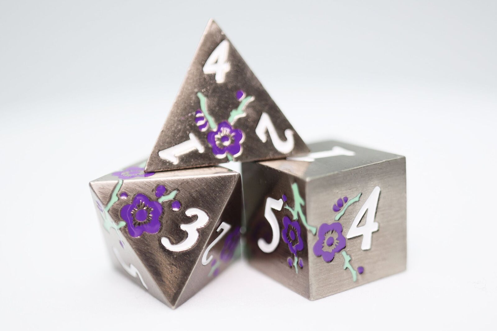 Metallic Bouquet: Silver with Purple Orchids - Metal RPG Dice Set