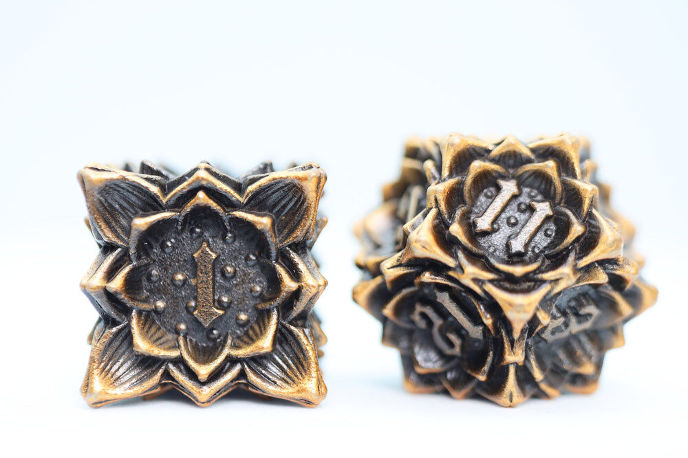 Floral Starburst: Gilded Goldenrod - Metal RPG Dice Set