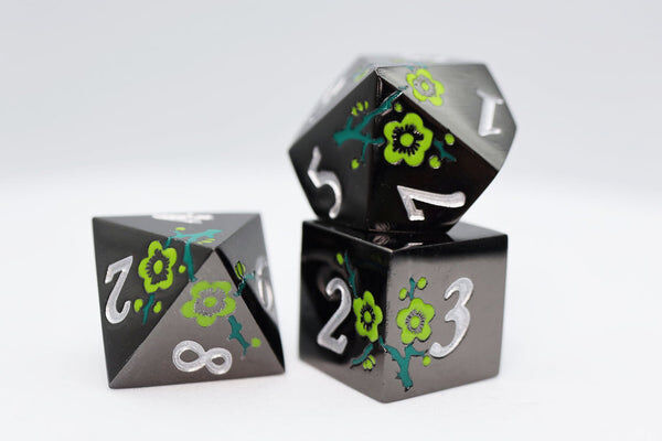 Metallic Bouquet: Black with Green Orchids - Metal RPG Dice Set