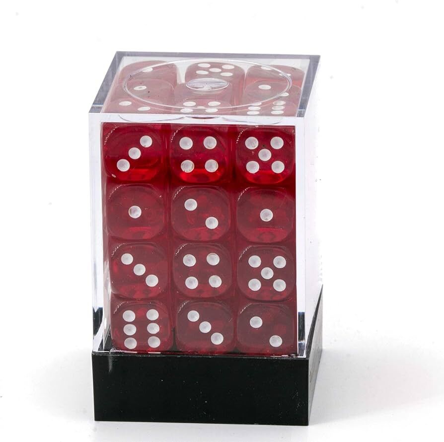 Translucent 12mm d6 Red/white Dice Block (36 dice)