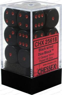 Opaque Black/Red 16mm D6 Set (12)