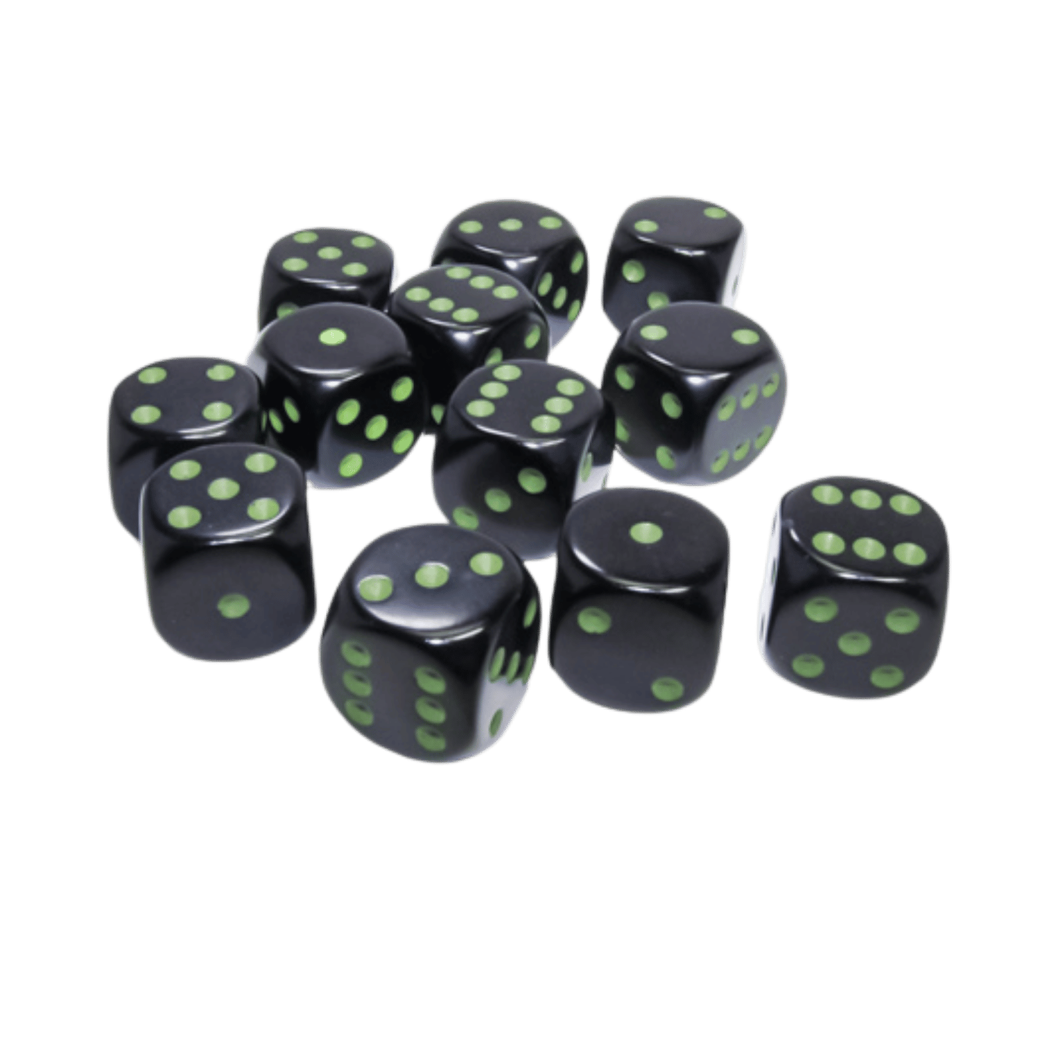 Opaque 16mm d6 Black/green Dice Block (12 dice)