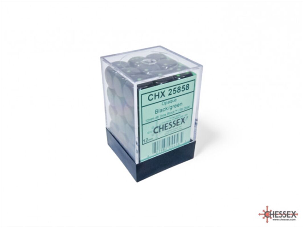 Opaque 12mm d6 Black/green Dice Block (36 dice)