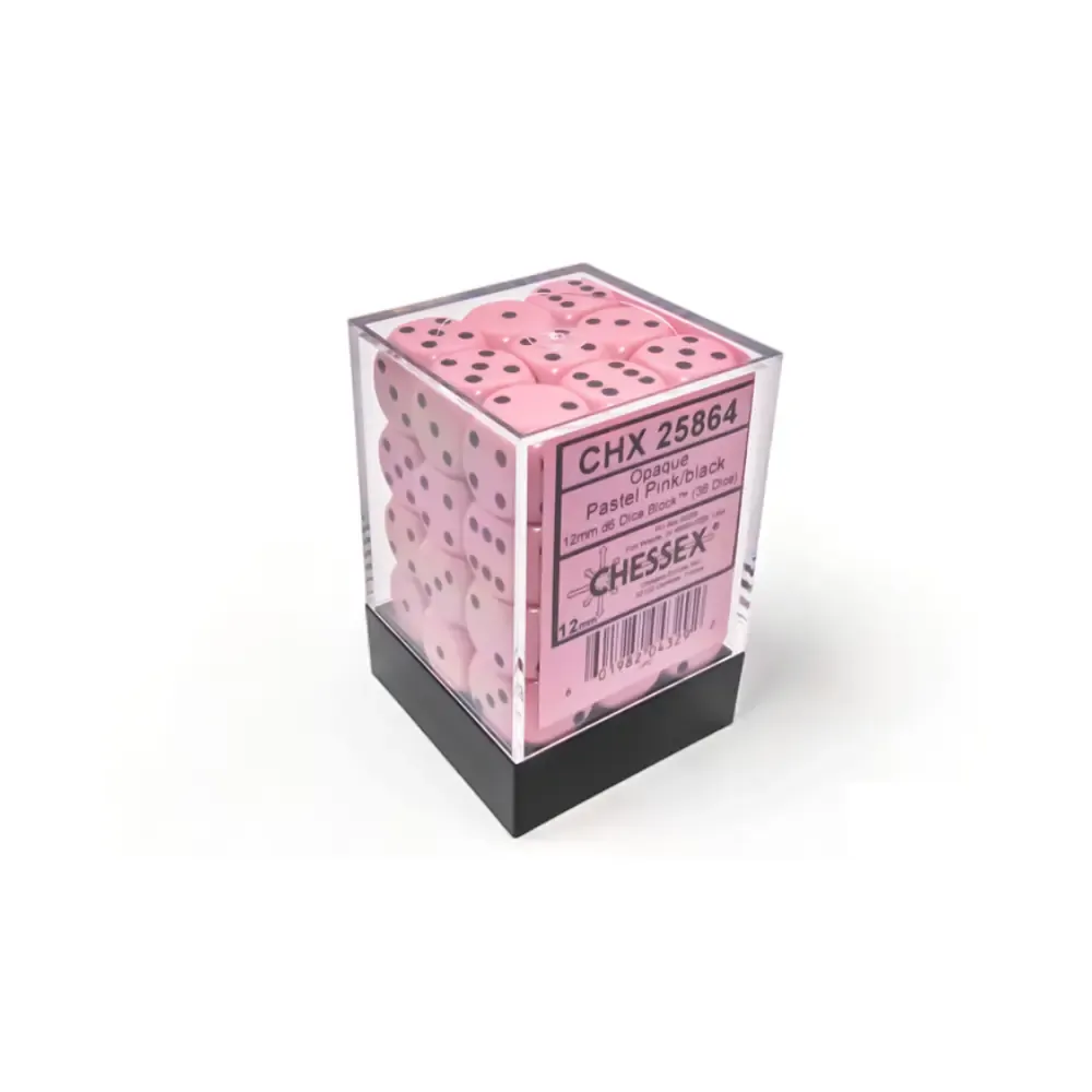 Opaque 12mm d6 Pastel Pink/black Dice Block (36 dice)