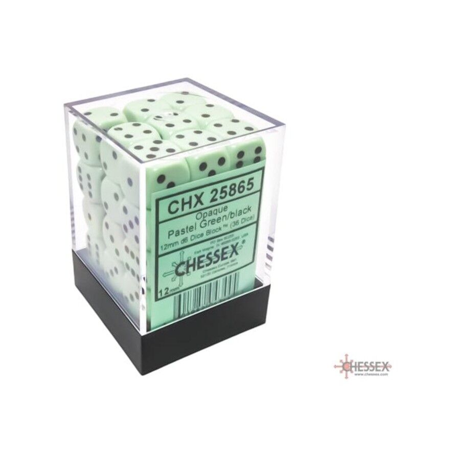 Opaque 12mm d6 Pastel Green/black Dice Block (36 dice)