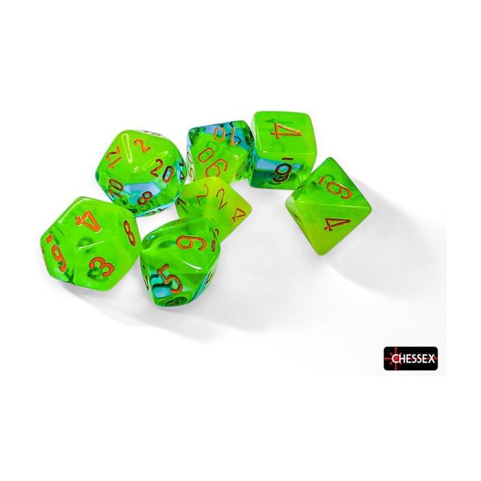 Gemini Plasma Green-Teal/orange Luminary Polyhedral 7-Dice Set