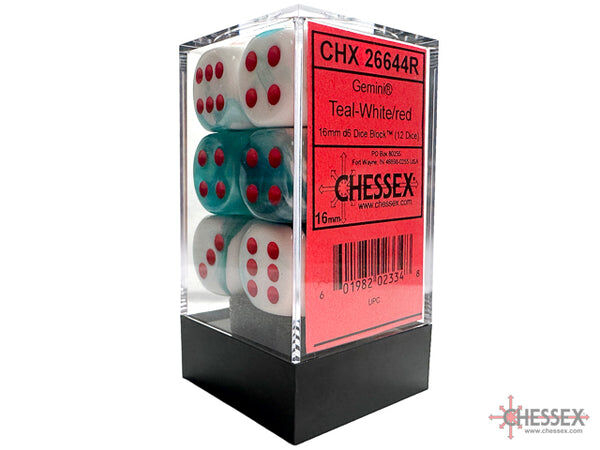 Limited Edition Gemini 16mm d6 Teal-White/red Dice Block (12 Dice)