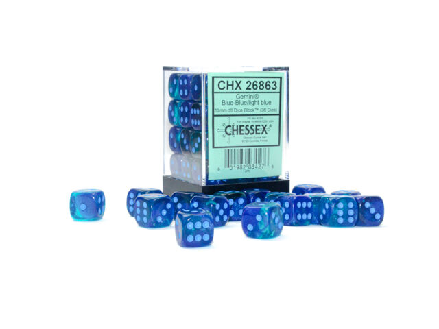Gemini Blue-Blue/Light Blue 12mm D6 Luminary Dice Set (36)