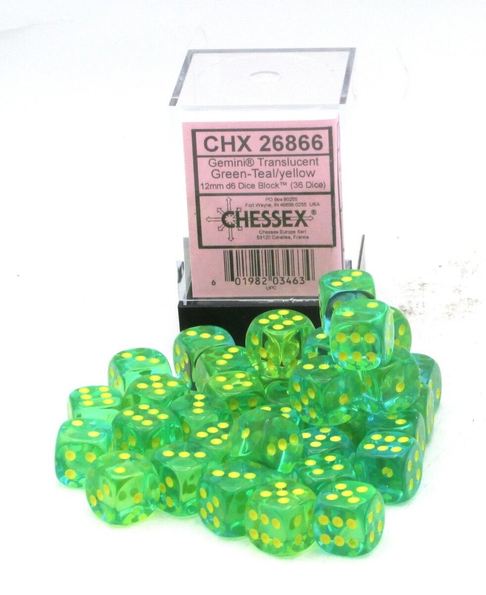 Gemini 12mm d6 Translucent Green-Teal/yellow Dice Block (36 Dice)
