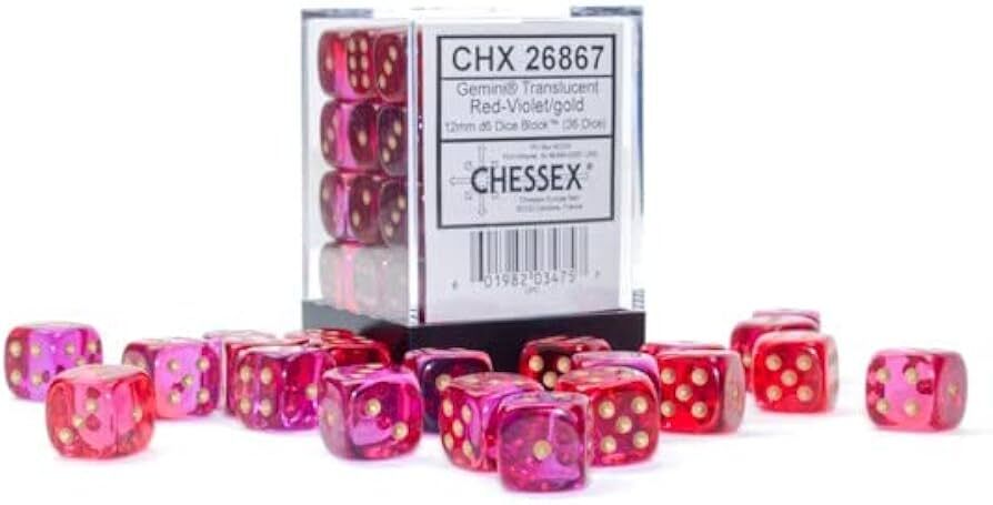 Gemini 12mm d6 Translucent Red-Violet/gold Dice Block (36 Dice)