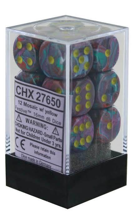 Festive 16mm Mosaic/Yellow D6 Dice Set (12)