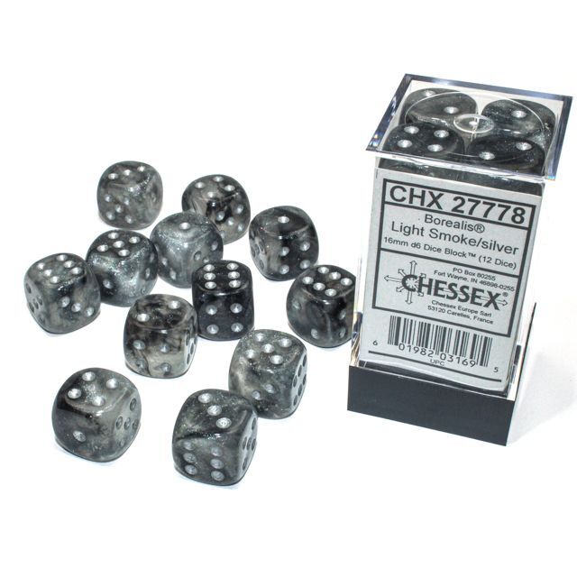 Borealis Light Smoke/silver Luminary 16mm d6 Dice Block (12)