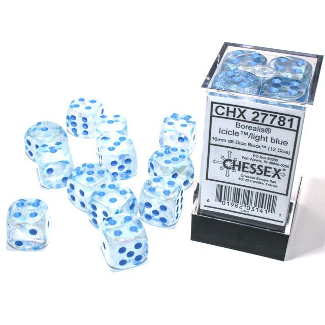 Borealis Icicle/light blue Luminary 16mm d6 Dice Block (12)