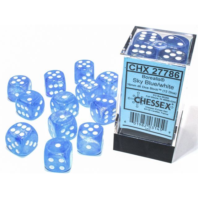Borealis Sky Blue/white Luminary 16mm d6 Dice Block (12)