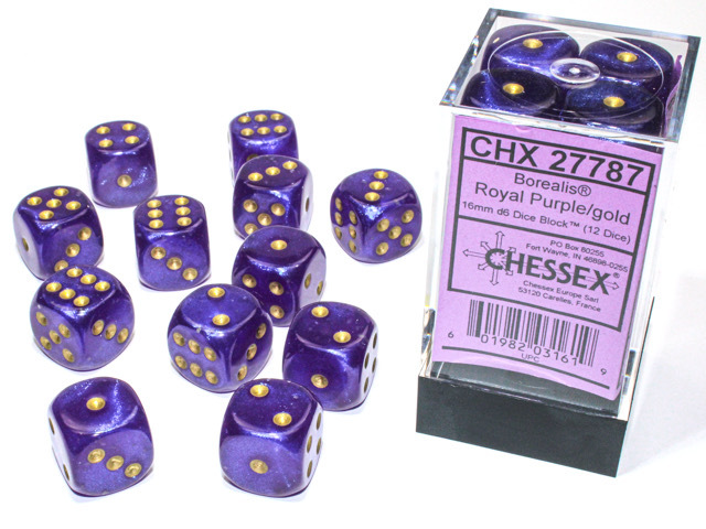 Borealis 16mm d6 Royal Purple/gold Luminary Dice Block™ (12 dice)