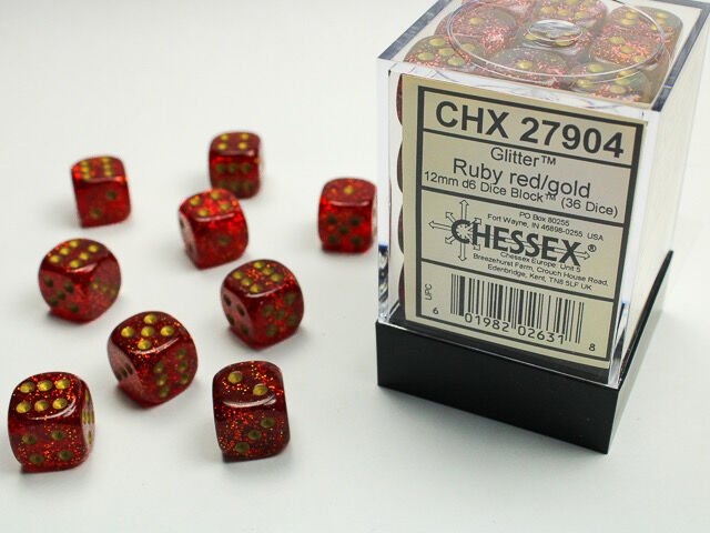 Glitter 12mm d6 Ruby/gold Dice Block (36 dice)