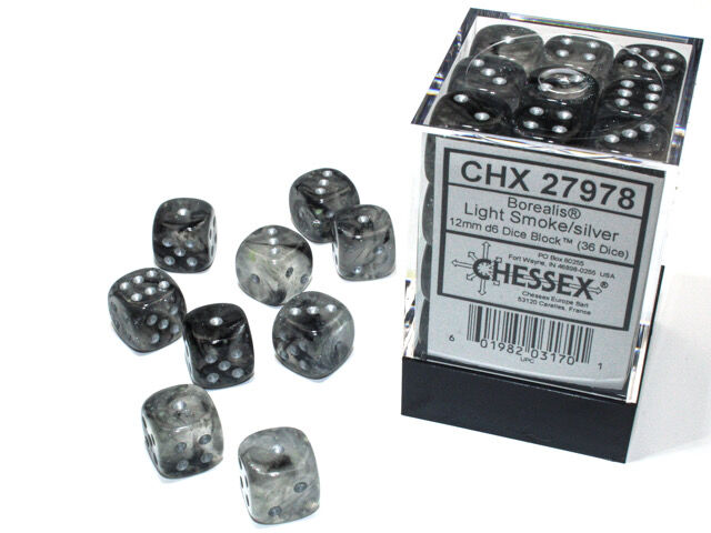 Borealis 12mm d6 Light Smoke/silver Luminary Dice (36)