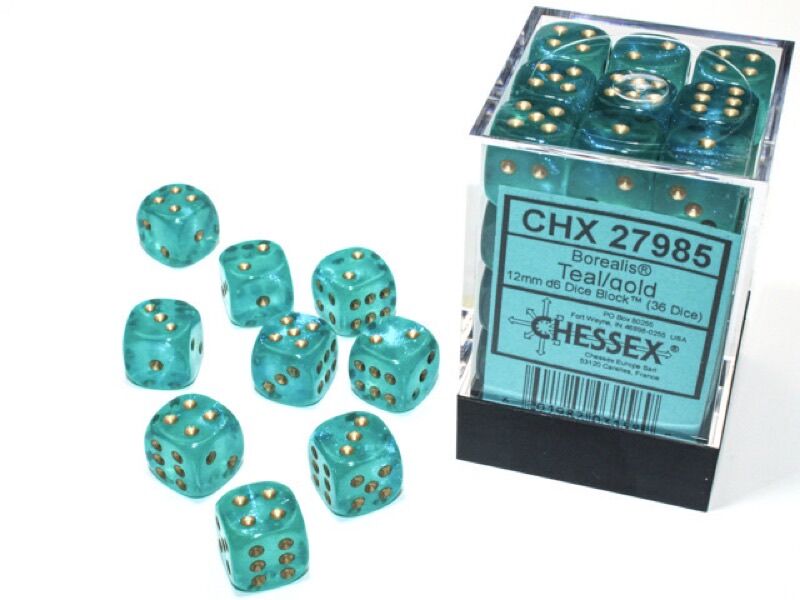 Borealis 12mm d6 Teal/gold Luminary Dice Block (36 dice)