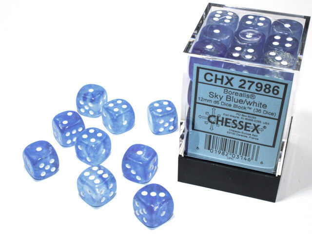 Borealis 12mm Sky Blue/White d6 Dice Set (36)