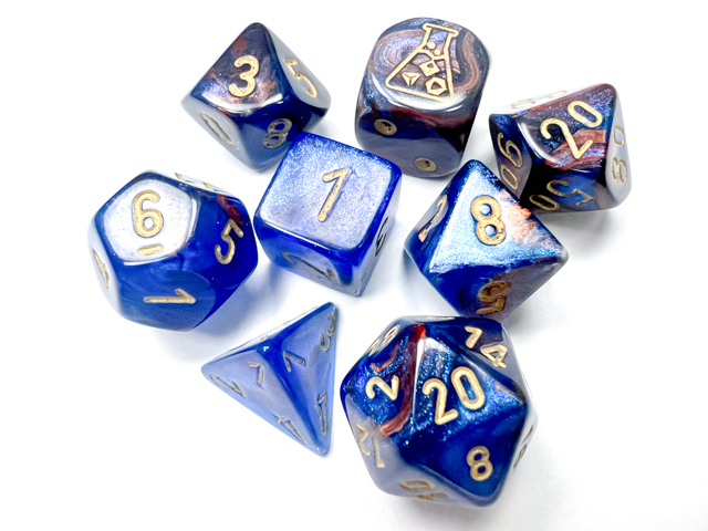 Lustrous® Polyhedral Azurite/gold 7-Die Set (with bonus die) 