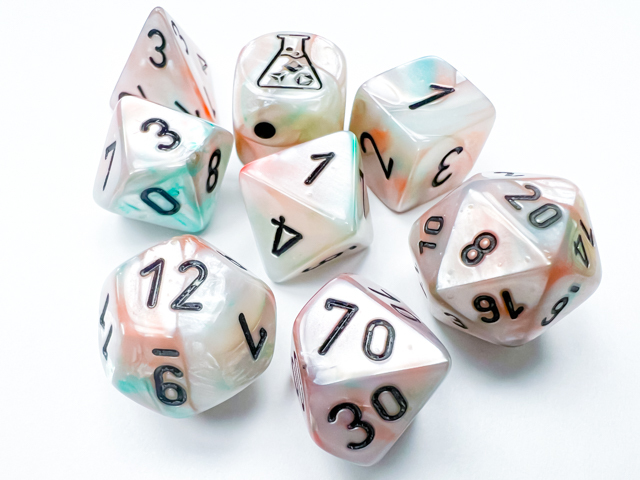 Lustrous Polyhedral Sea Shell/black Luminary 7-Die Set (with bonus die) 
