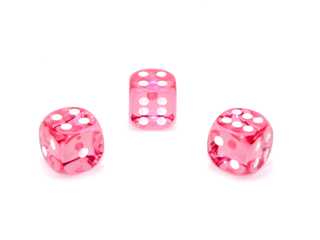 Translucent 16mm w/pips Pink/white d6 (Individual)