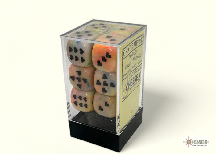 Heart 16mm d6 Festive Circus/black w/pips Dice Block (12 Dice)