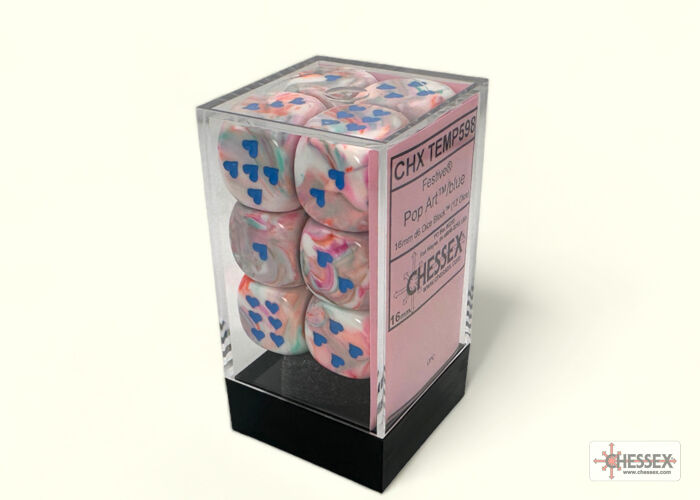 Heart 16mm d6 Festive Pop Art/blue w/pips Dice Block (12 Dice)