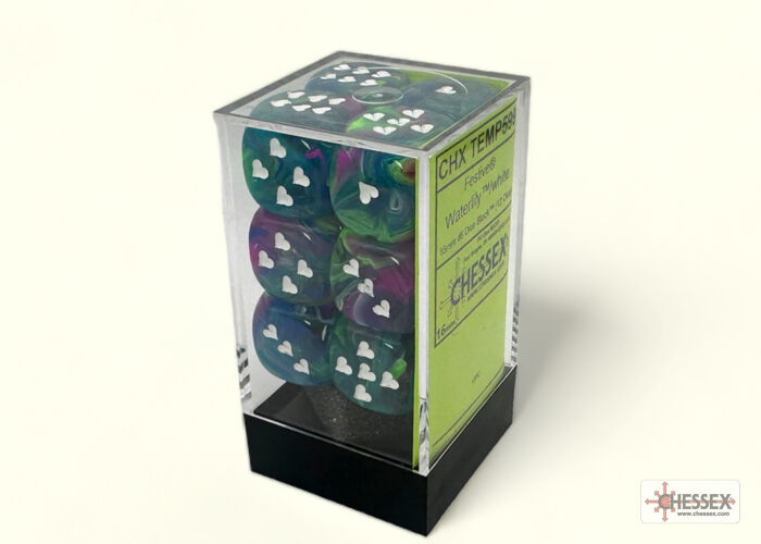 Heart 16mm d6 Festive Waterlily/white w/pips Dice Block (12 Dice)