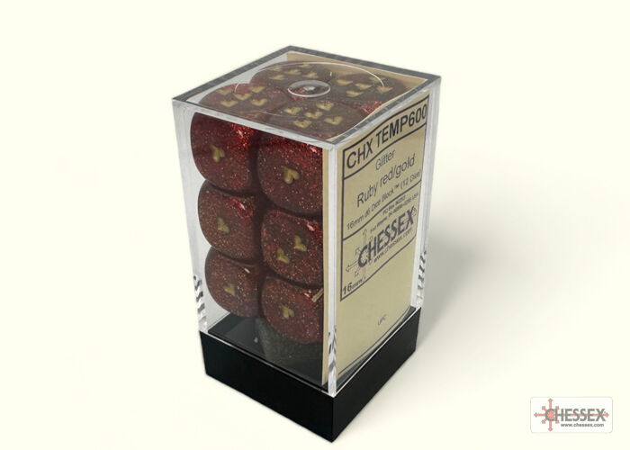 Heart Glitter Ruby red/gold 16mm d6 w/pips Dice Block (12 dice)