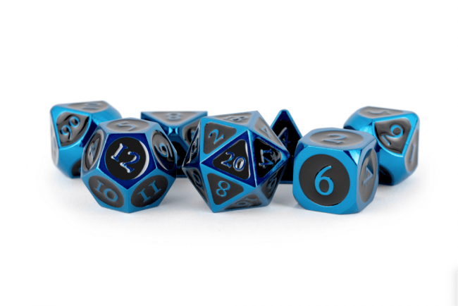 16mm Metal Polyhedral Dice Set: Blue w/ Black Enamel