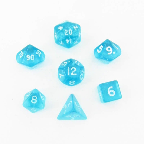 Mini Translucent Teal/White Polyhedral Roleplaying Dice Set (7)