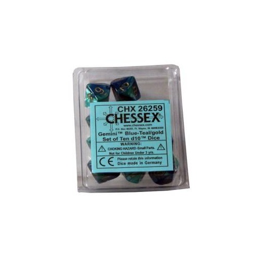 Chessex Dice Sets: D10 Gemini Blue-Teal/Gold Set (10)