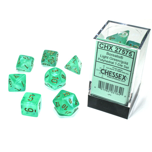 Chessex Borealis Luminary Polyhedral 7-Die Set - Light Green/Gold