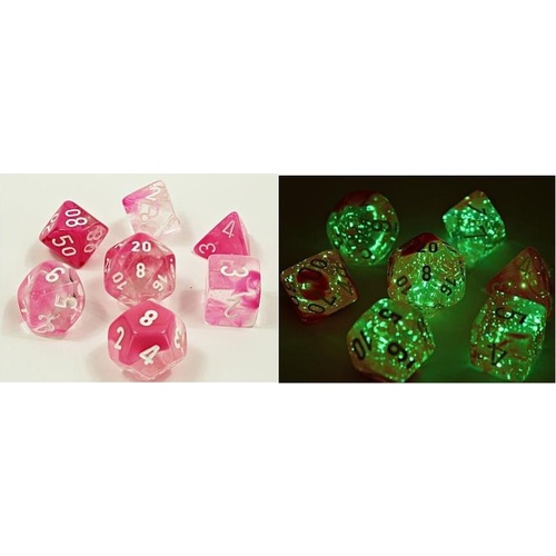 Gemini Clear-Pink/White Luminary Polyhedral Roleplaying Dice Set (7)